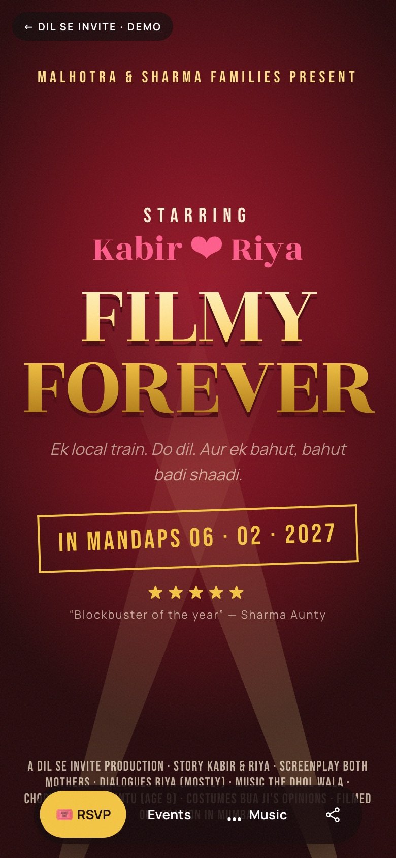 Filmy Forever — Kabir × Riya demo website